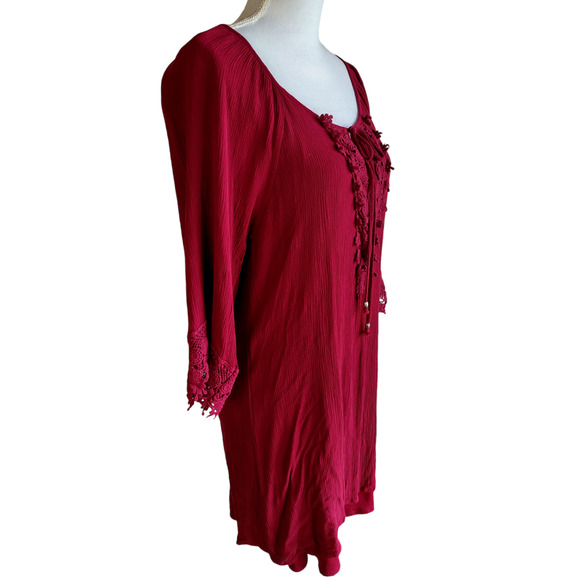 NAIF Womens Tie Keyhole Crochet Front Boho Dress Burgundy Medium 100% Rayon - Picture 9 of 13